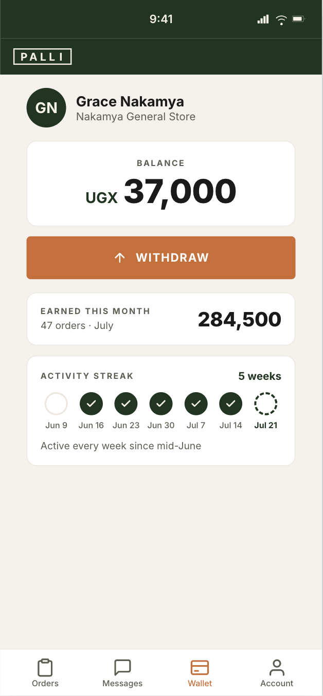 Palli wallet: balance, earnings this month, activity streak, and a withdraw button to mobile money